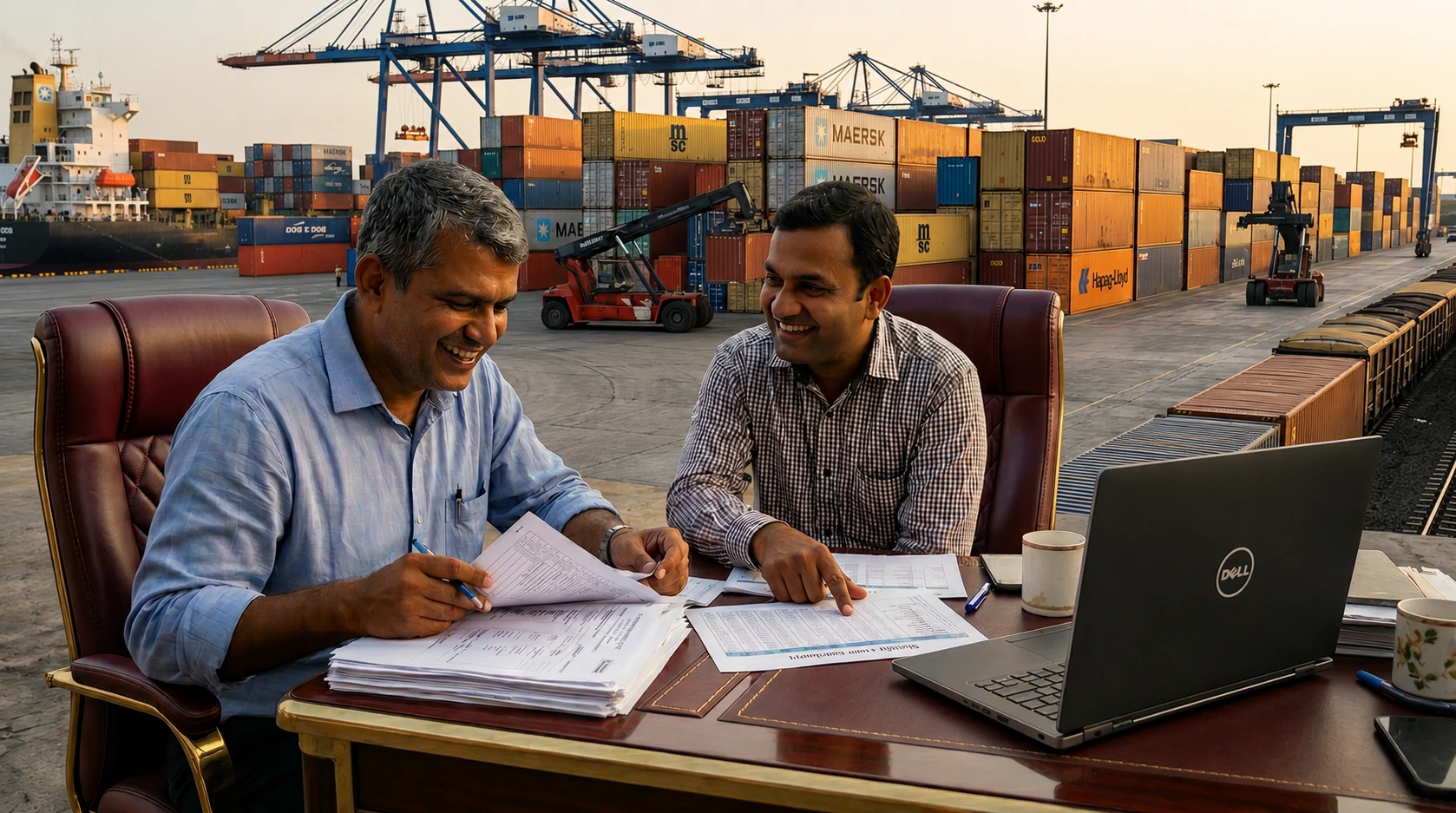 Import-export professionals reviewing treasury documents at a shipping port